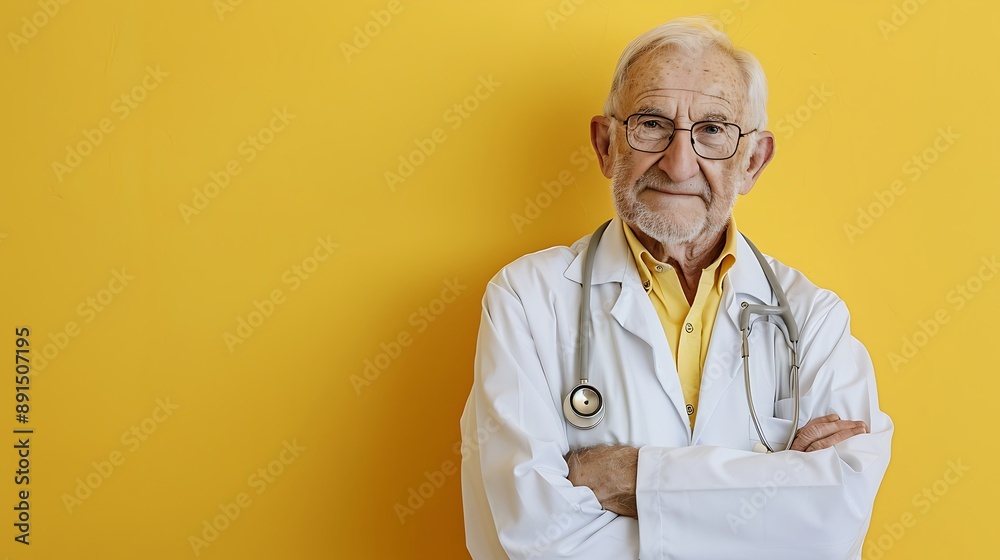 Elderly doctor with stethoscope, solid yellow wall, experienced and kind. Elderly doctor with stethoscope, solid yellow wall, experienced and kind.