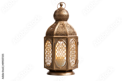 Moroccan-inspired brass lantern with intricate geometric patterns, isolated on white background.