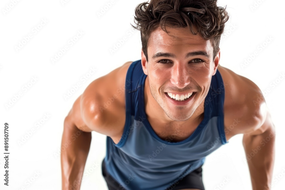An attractive athlete sporty man with white teeth on white background An attractive athlete sporty man with white teeth on white background