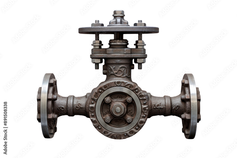 A high-resolution rendering of a gate valve with intricate details and a weathered texture, isolated on a white background A high-resolution rendering of a gate valve with intricate details and a weathered texture, isolated on a white background