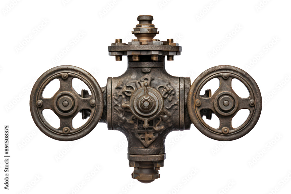 Fototapeta premium A high-resolution rendering of a gate valve with intricate details and a weathered texture, isolated on a white background
