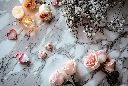 A tasteful arrangement featuring a marble flatlay with a touch of Valentine's Day charm. The medium aperture of f/4.0 ensures clarity in the scene, while a shutter speed of 1/180 seconds captures the  photo