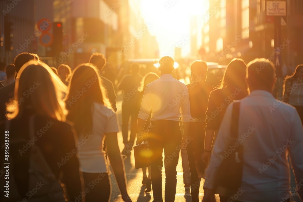 back view Crowd of business people walking down the street summer hot day sun set back view Crowd of business people walking down the street summer hot day sun set