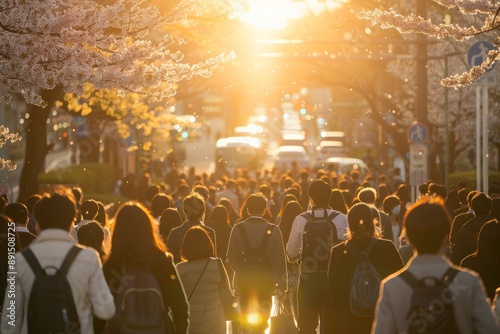 back view Crowd of business people walking down the street spring blooming day sun set