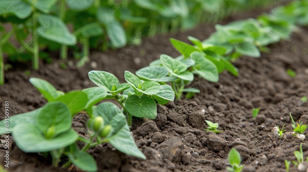 A row of green plants growing in the dirt A row of green plants growing in the dirt