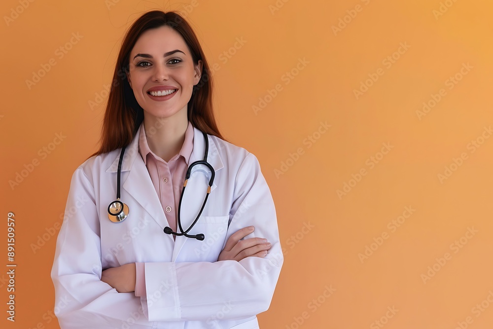 Female doctor in lab coat, stethoscope, light orange background, friendly and caring Female doctor in lab coat, stethoscope, light orange background, friendly and caring