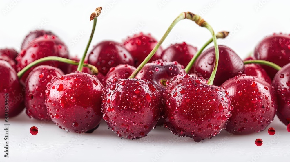 Fresh, juicy cherries with water droplets, showcasing vibrant red color and succulent texture, perfect for summer desserts and healthy snacks. Fresh, juicy cherries with water droplets, showcasing vibrant red color and succulent texture, perfect for summer desserts and healthy snacks.