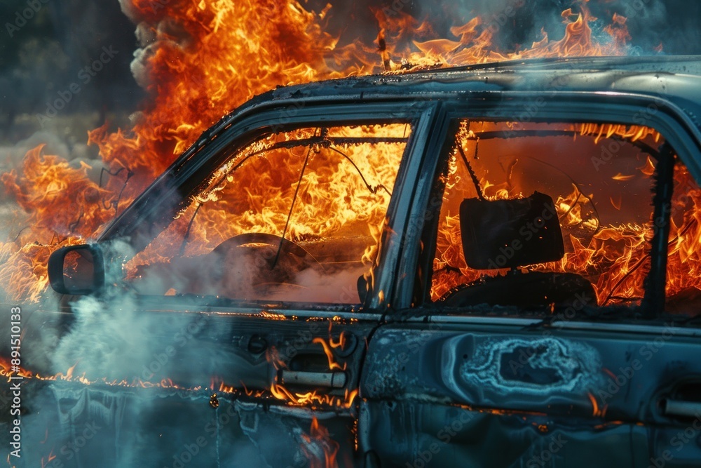 car is on fire, flames out windows, smoke car is on fire, flames out windows, smoke