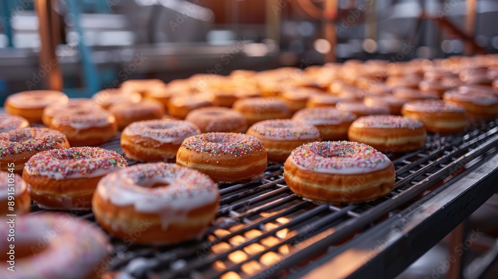 Freshly Baked Donuts with Colorful Sprinkles on Cooling Rack in a Modern Bakery Freshly Baked Donuts with Colorful Sprinkles on Cooling Rack in a Modern Bakery