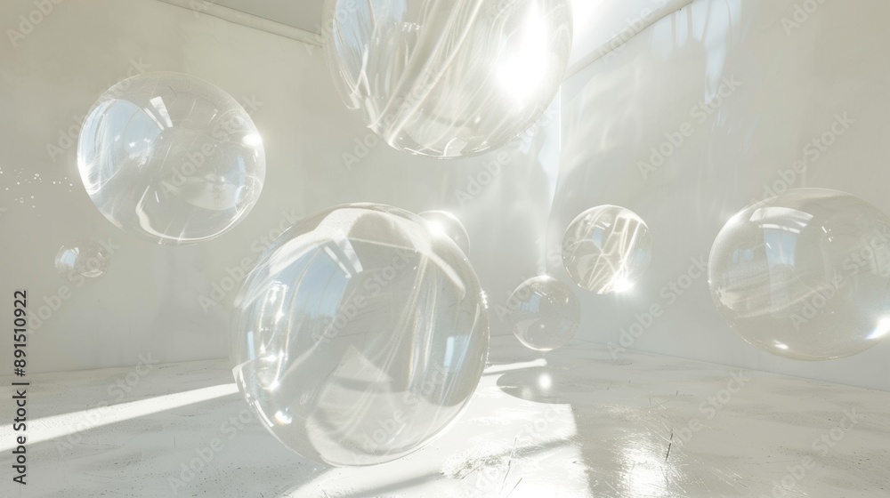 A room filled with many clear, round bubbles floating in the air A room filled with many clear, round bubbles floating in the air