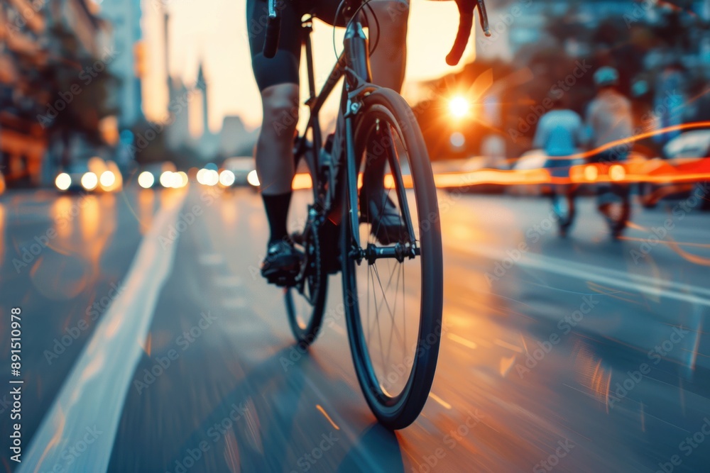 Close up dynamic Cyclist riding fast a road bike with blurred city on background Close up dynamic Cyclist riding fast a road bike with blurred city on background