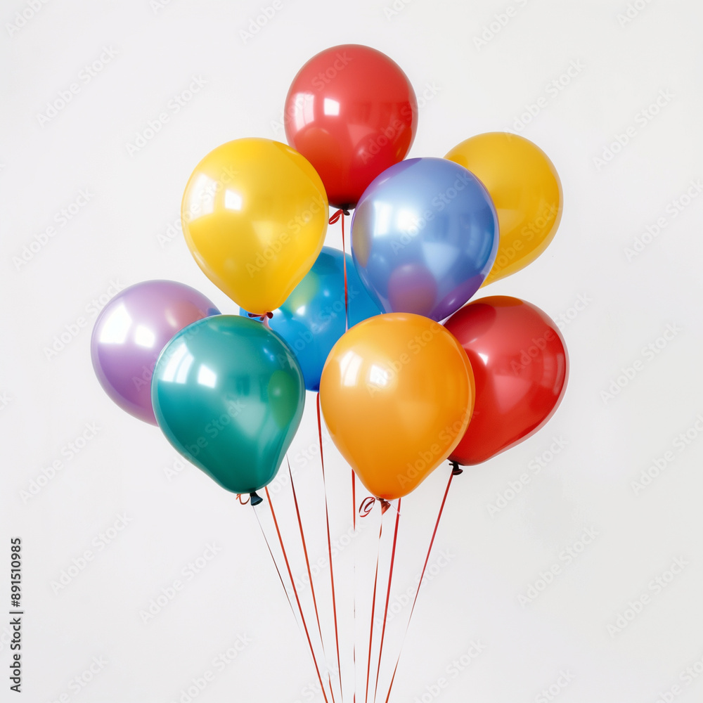 A cluster of colorful balloons tied together with red ribbons against a white background. A cluster of colorful balloons tied together with red ribbons against a white background.