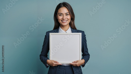Smily working woman holding blank sign