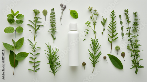 A white bottle surrounded by various green herbs and leaves