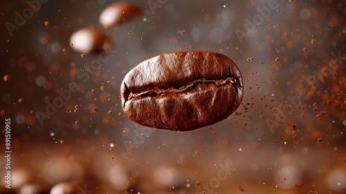 A single coffee bean suspended mid-air, surrounded by coffee grounds.