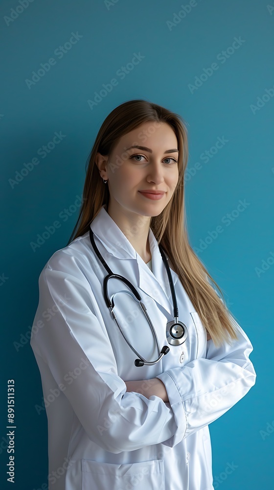 Female doctor with stethoscope, solid blue wall, warm and kind Female doctor with stethoscope, solid blue wall, warm and kind