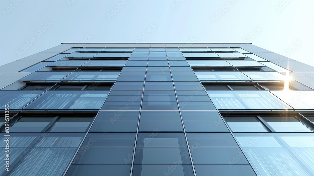Modern skyscraper with glass facade reflecting sunlight and blue sky, viewed from a low angle perspective towards the building's top. Modern skyscraper with glass facade reflecting sunlight and blue sky, viewed from a low angle perspective towards the building's top.