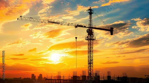 Silhouette of construction site with tower crane against sunset sky background