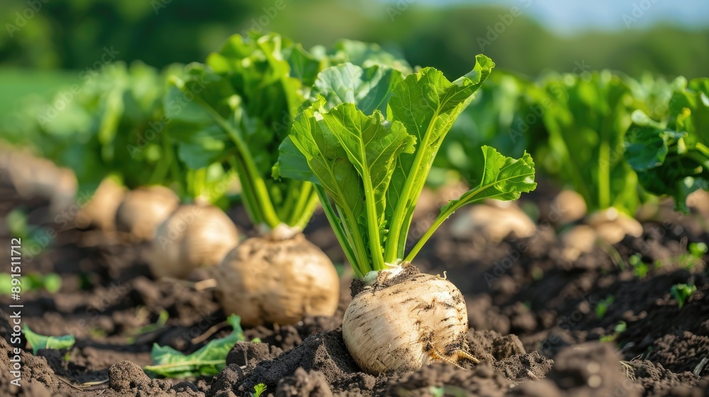 A field of vegetables with a few of them being turnips. The turnips are small and are growing in the dirt A field of vegetables with a few of them being turnips. The turnips are small and are growing in the dirt