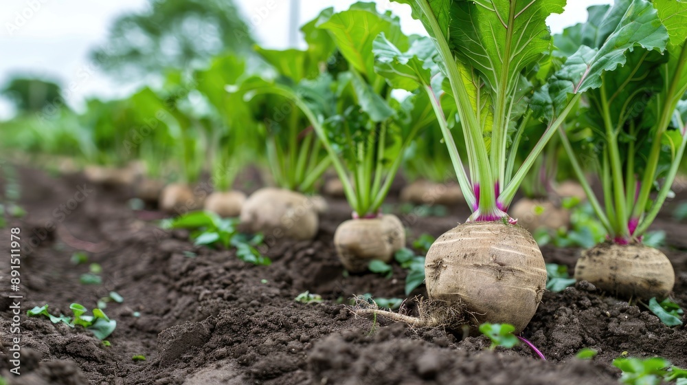 A field of vegetables with a large number of radishes. The radishes are in various stages of growth, with some already fully grown and others still in the process of growing. The field is lush A field of vegetables with a large number of radishes. The radishes are in various stages of growth, with some already fully grown and others still in the process of growing. The field is lush