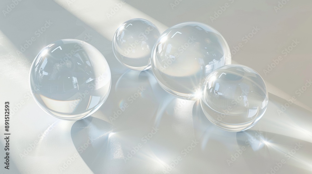 Four clear glass spheres are arranged on a white surface Four clear glass spheres are arranged on a white surface