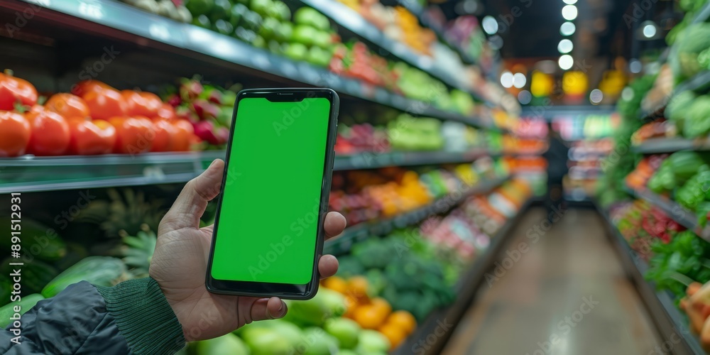 Smartphone with a green screen held in a hand at a grocery store, surrounded by fresh vegetables. Represents online shopping, digital grocery lists, or mobile apps. Useful for e-commerce busines Smartphone with a green screen held in a hand at a grocery store, surrounded by fresh vegetables. Represents online shopping, digital grocery lists, or mobile apps. Useful for e-commerce busines