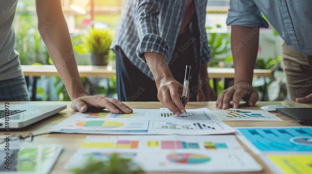 Business people are working on a new startup project, presenting ideas, and analyzing plans for marketing and investment.