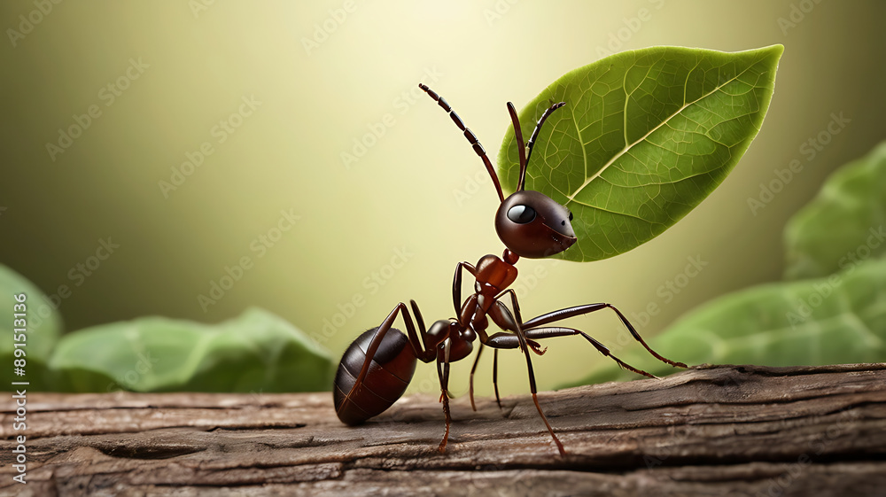 Naklejka premium An ant carrying a large leaf, symbolizing hard work and determination.