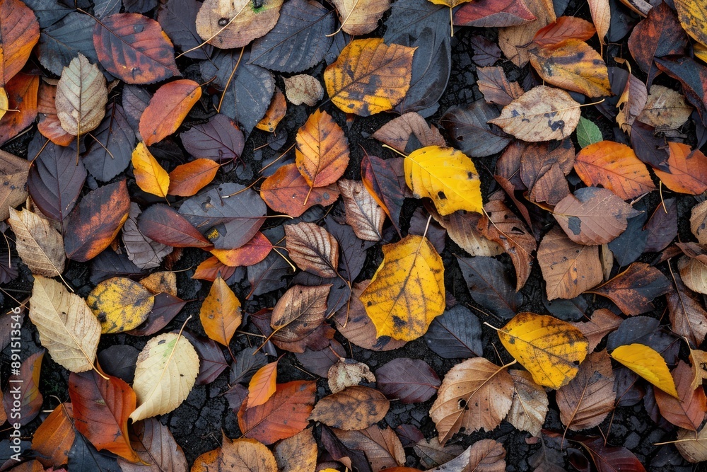 A pile of leaves with some brown and yellow leaves. The leaves are scattered all over the ground A pile of leaves with some brown and yellow leaves. The leaves are scattered all over the ground