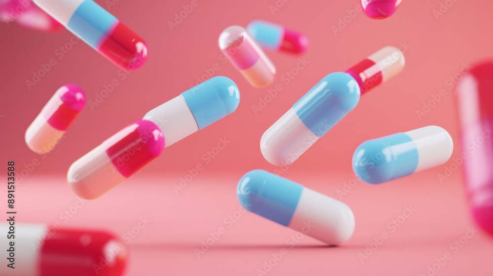 A bunch of colorful pills are flying through the air. The pills are in various colors, including red, blue, and white. The scene is dynamic and lively, with the pills appearing to be in motion A bunch of colorful pills are flying through the air. The pills are in various colors, including red, blue, and white. The scene is dynamic and lively, with the pills appearing to be in motion