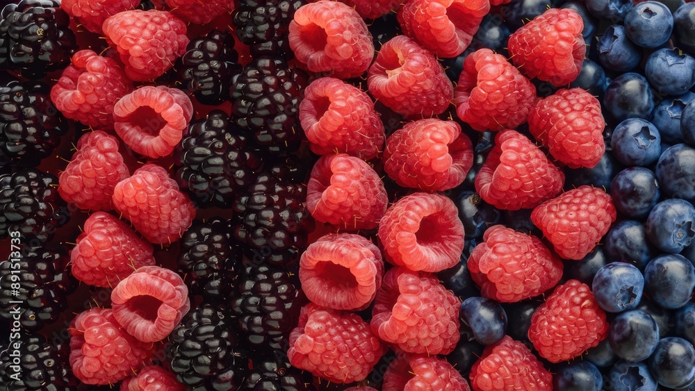 A close up of a bunch of different berries that are red and blue, AI