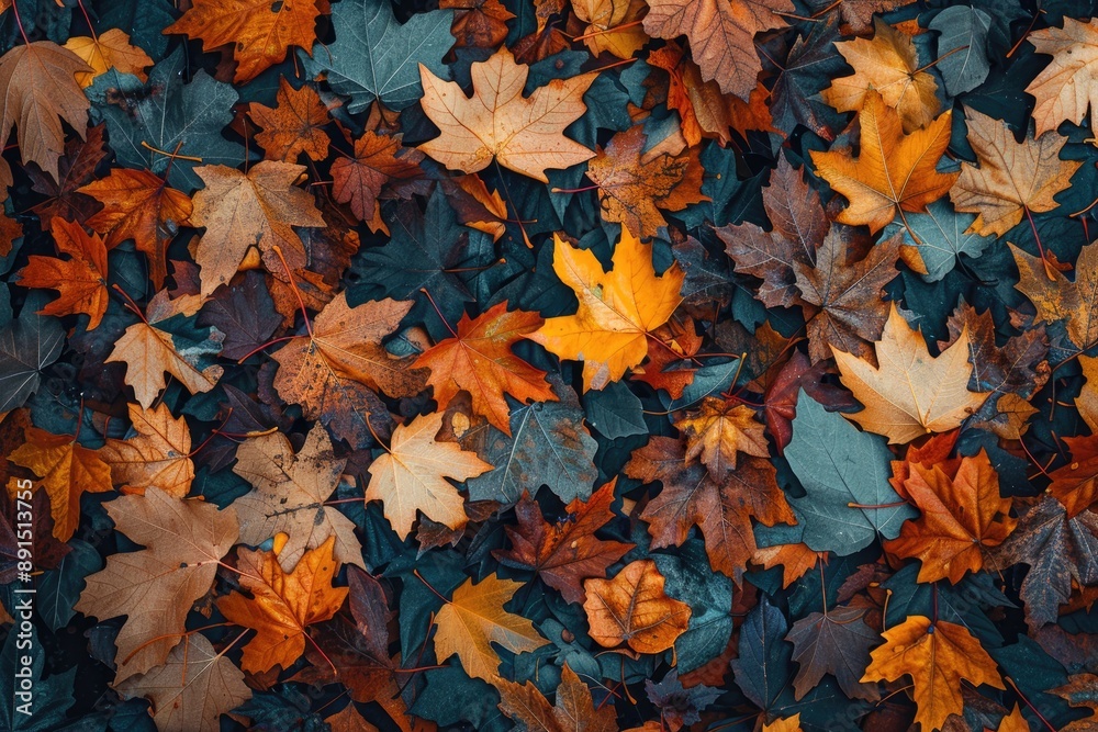A pile of leaves with some orange and brown leaves. The leaves are scattered all over the ground A pile of leaves with some orange and brown leaves. The leaves are scattered all over the ground