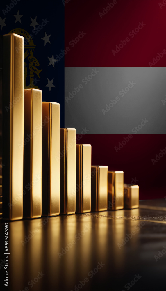 Obraz premium A row of gold bars of varying sizes is arranged in front of an Georgia flag, symbolizing wealth and economic strength
