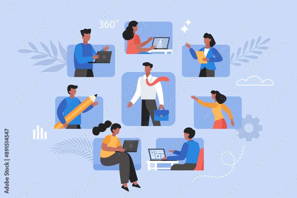 360 degree feedback business concept. Modern vector illustration of people evaluating employee and giving anonymous opinions 360 degree feedback business concept. Modern vector illustration of people evaluating employee and giving anonymous opinions