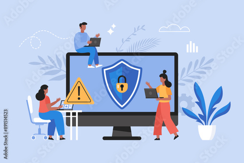 Security system protection business concept. Modern vector illustration of people using firewall to protect network