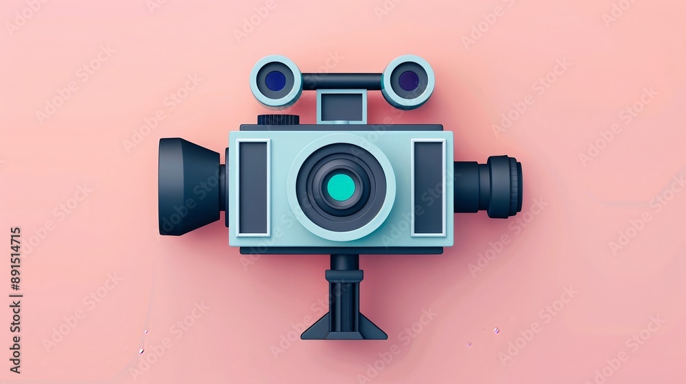 Retro style camera icon on a pink background, symbolizing media, photography, and film production in a minimalist design. Retro style camera icon on a pink background, symbolizing media, photography, and film production in a minimalist design.