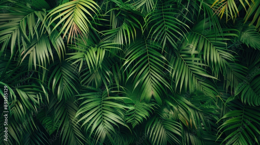 A lush green forest with palm trees and leaves. Concept of tranquility and serenity, as the greenery is abundant and peaceful A lush green forest with palm trees and leaves. Concept of tranquility and serenity, as the greenery is abundant and peaceful