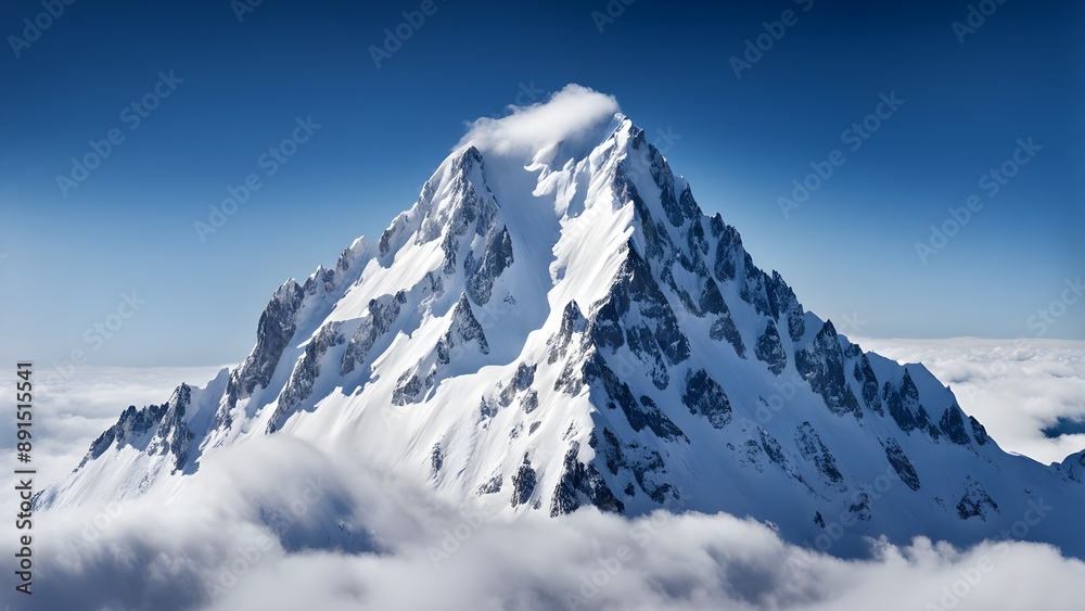 Fototapeta premium majestic snowy mountain peak towering above the clouds, its pristine white slopes contrasting against the deep blue sky