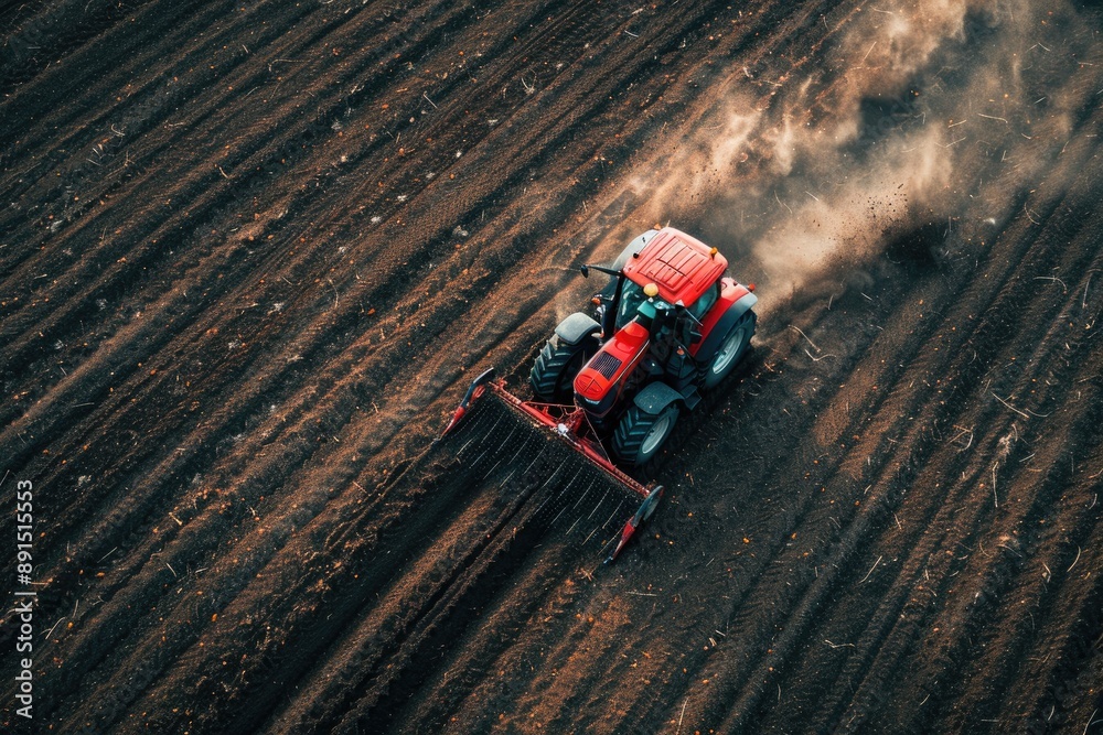 A red tractor is driving through a field of dirt. The tractor is spraying the dirt with a white substance A red tractor is driving through a field of dirt. The tractor is spraying the dirt with a white substance