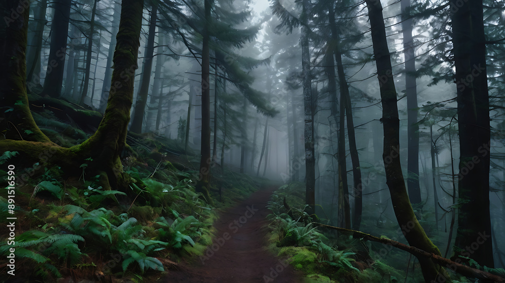 Obraz premium A dense, fog-filled forest path, suggesting a sense of being lost or unable to see a clear path forward.