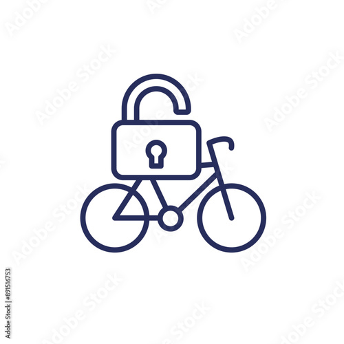 Unlock bike icon with a bicycle and a lock, line vector