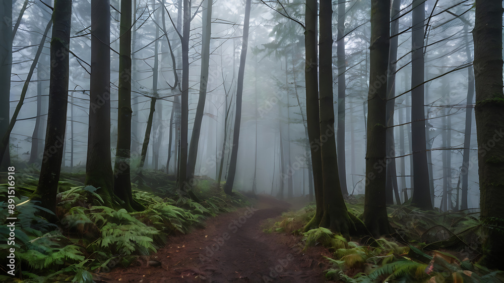 Obraz premium A dense, fog-filled forest path, suggesting a sense of being lost or unable to see a clear path forward