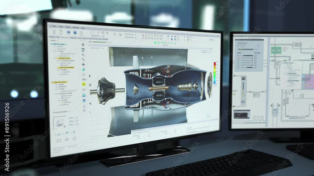 Computer Technical Grees Computer Software Developing Technical Mechanism Blueprint. 3D Modeling ...