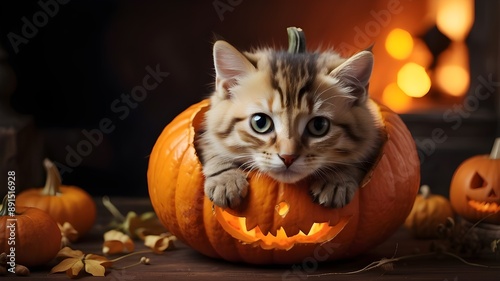 Adorable feline inside a Halloween pumpkin