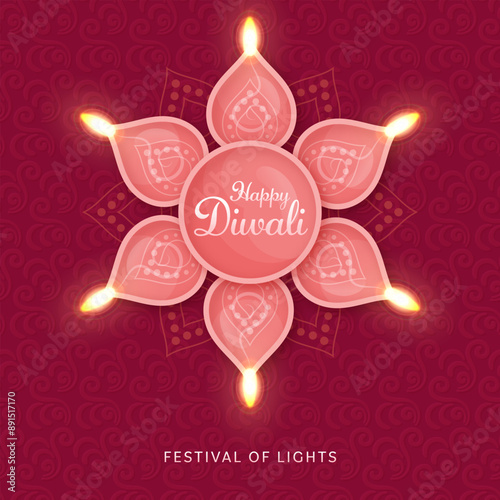 Happy Diwali. Indian festivals of light with Lit Realistic Oil Lamp (Diya) Over Rangoli. Festival of Lights. Vector illustration design