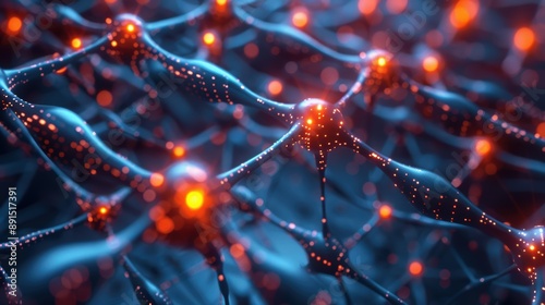 A futuristic scene of an AI neural network with interconnected nodes and electric pulses © tanapat
