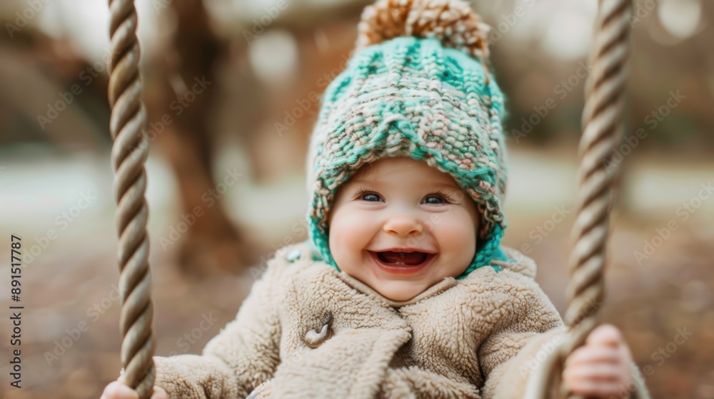 A joyful baby in a beige knit coat and hat smiles brightly while sitting on a swing in an outdoor setting. Soft lighting and blurred background enhance the cheerful mood. A joyful baby in a beige knit coat and hat smiles brightly while sitting on a swing in an outdoor setting. Soft lighting and blurred background enhance the cheerful mood.