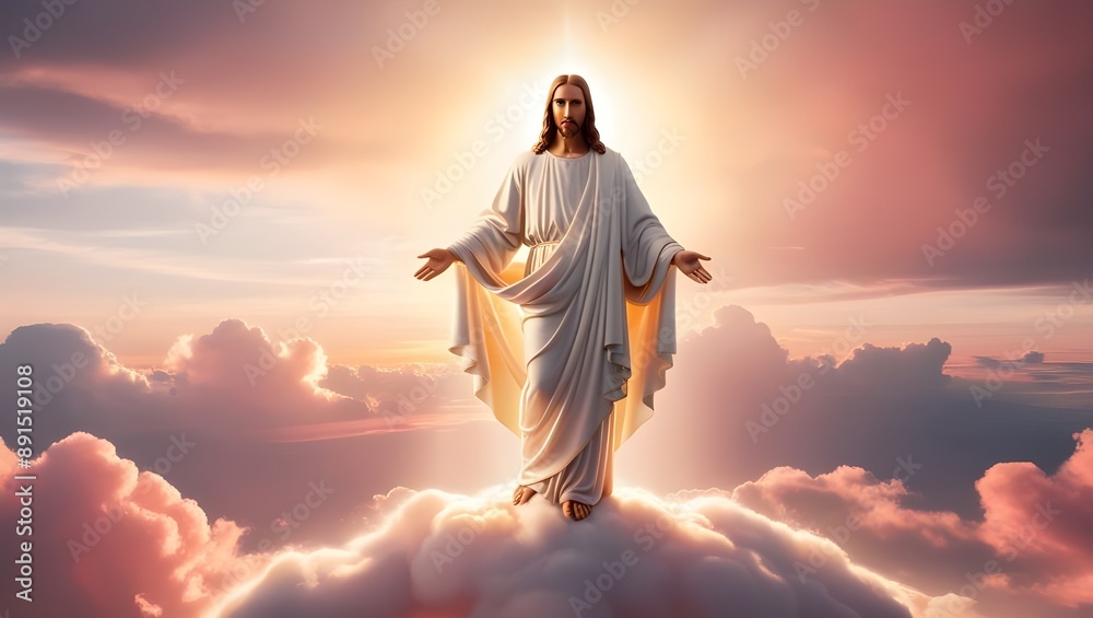 Jesus Christ standing on clouds with radiant light at sunset. Jesus Christ standing on clouds with radiant light at sunset.