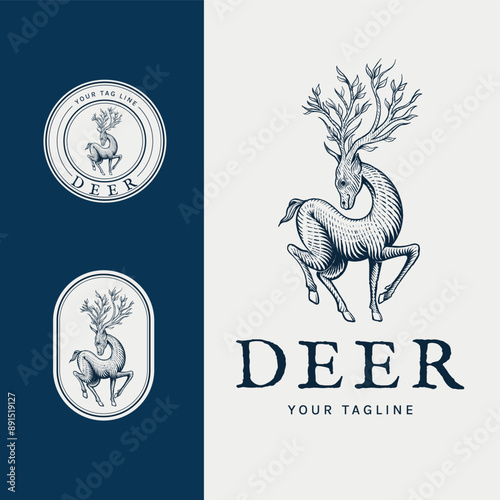 Deer mascot logo engraving style