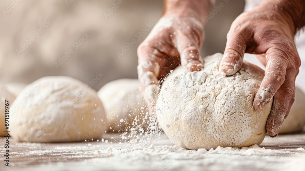 An up-close view of a baker’s hands as they skillfully shape and work dough for baking, surrounded by scattered flour, embodying creativity and craftsmanship in culinary arts. An up-close view of a baker’s hands as they skillfully shape and work dough for baking, surrounded by scattered flour, embodying creativity and craftsmanship in culinary arts.